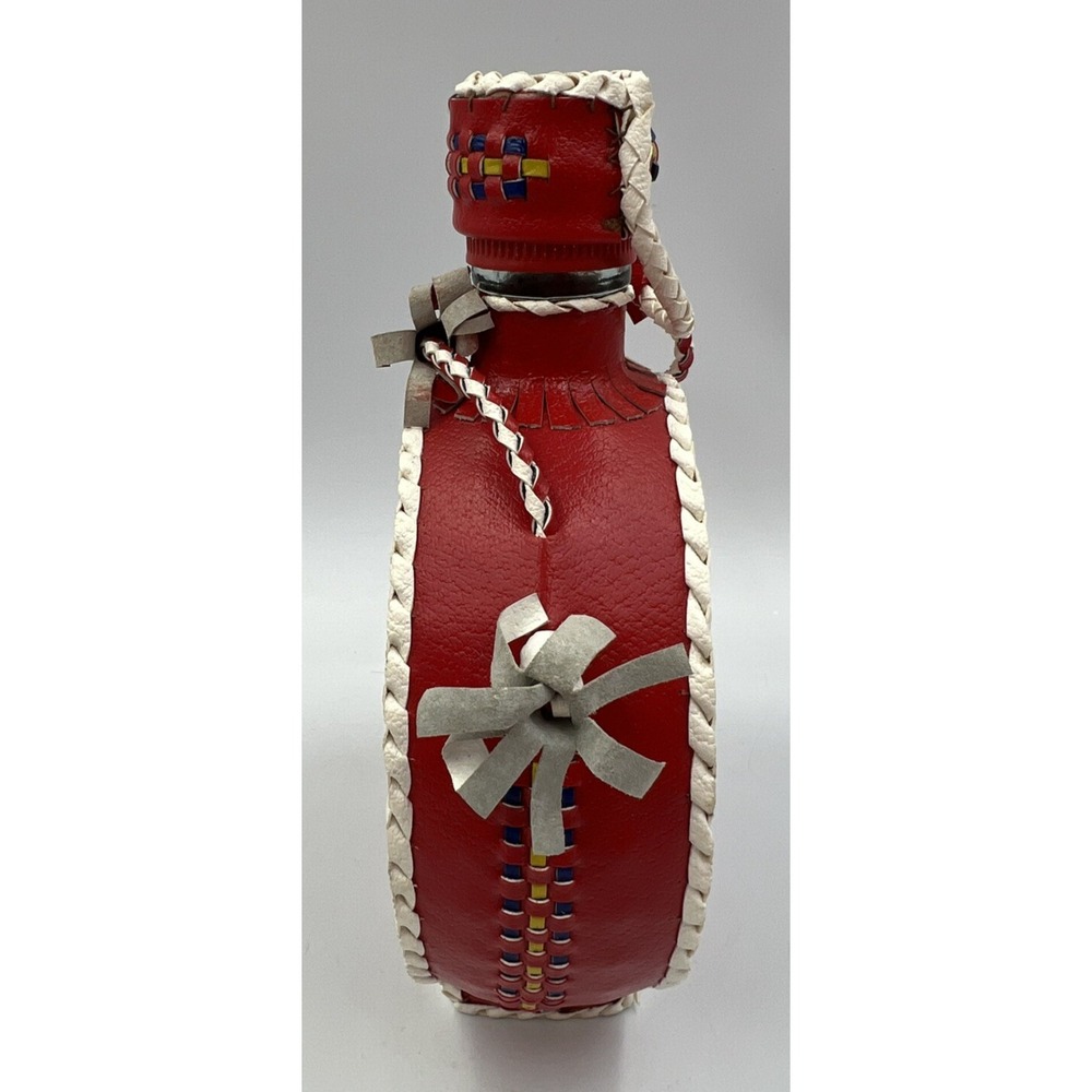 Vintage Leather Wrapped Decanter Bottle Hearts Red Folk Art Braid Art - Picture 3 of 11